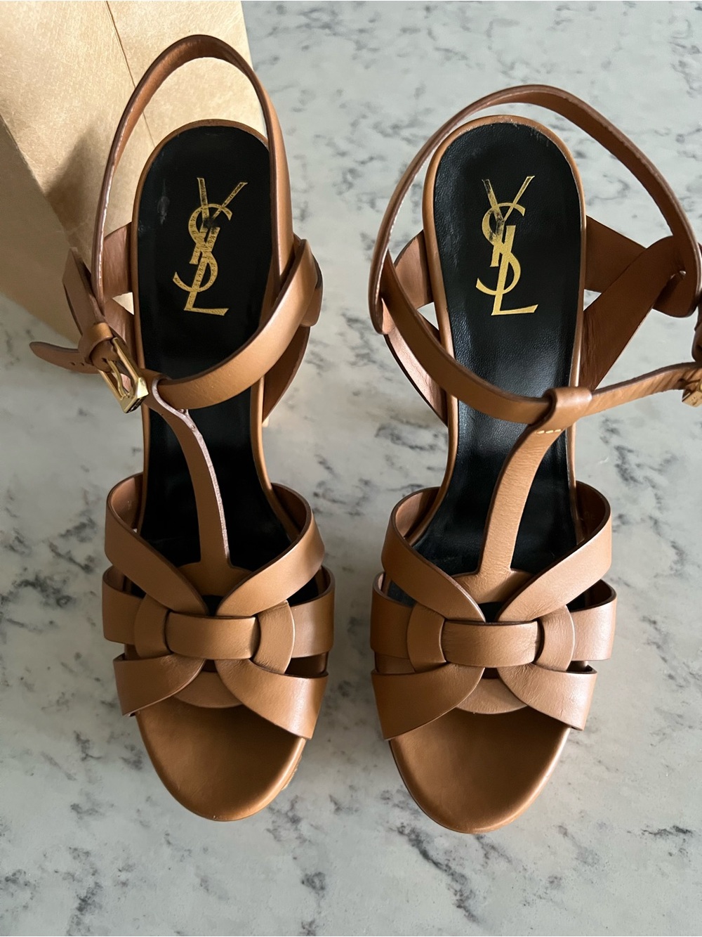 Saint Laurent Tribute Leather T-Strap Brown Leather Platform Sandals